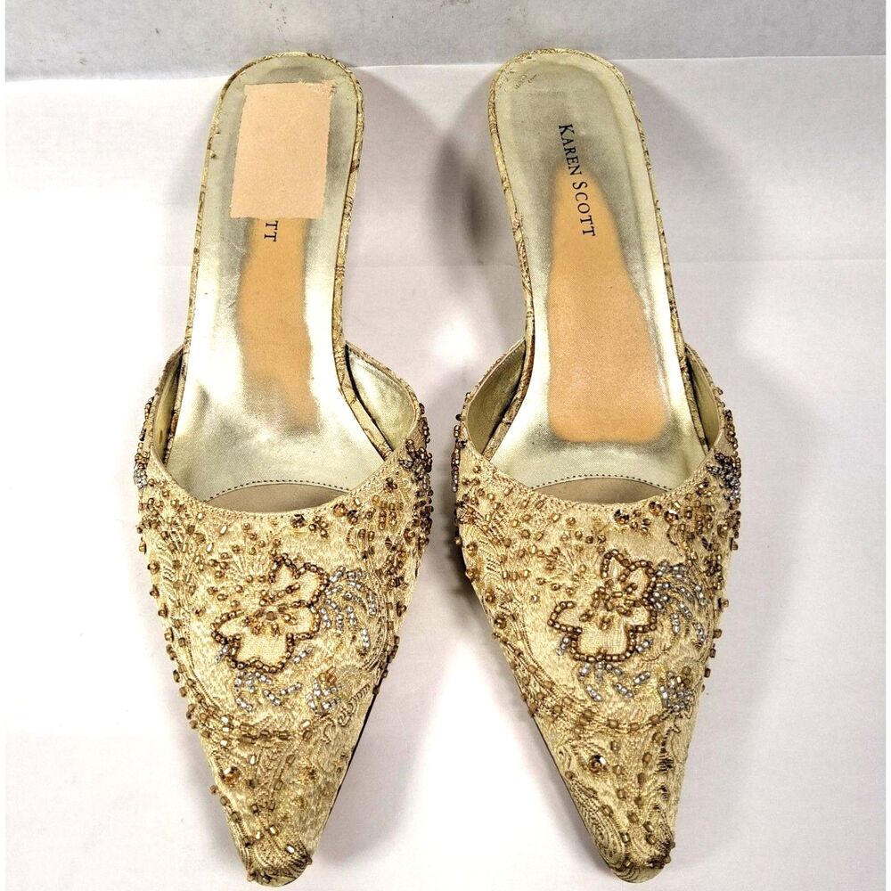 Karen Scott "Samora" Brocade Beaded Pointed Toe Kitten Heel Mules - Size 8.5M